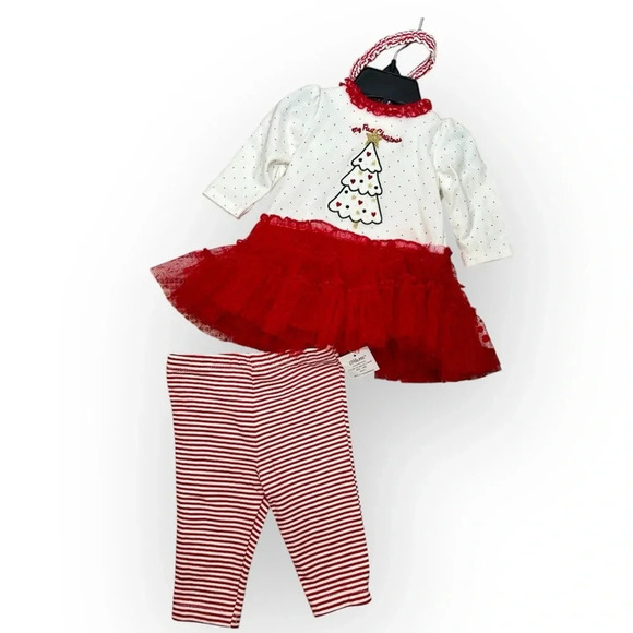 Little Me Baby Girls Red Sparkle Tree Dress Set Leggings Headband Sz 3 mo - Picture 2 of 9